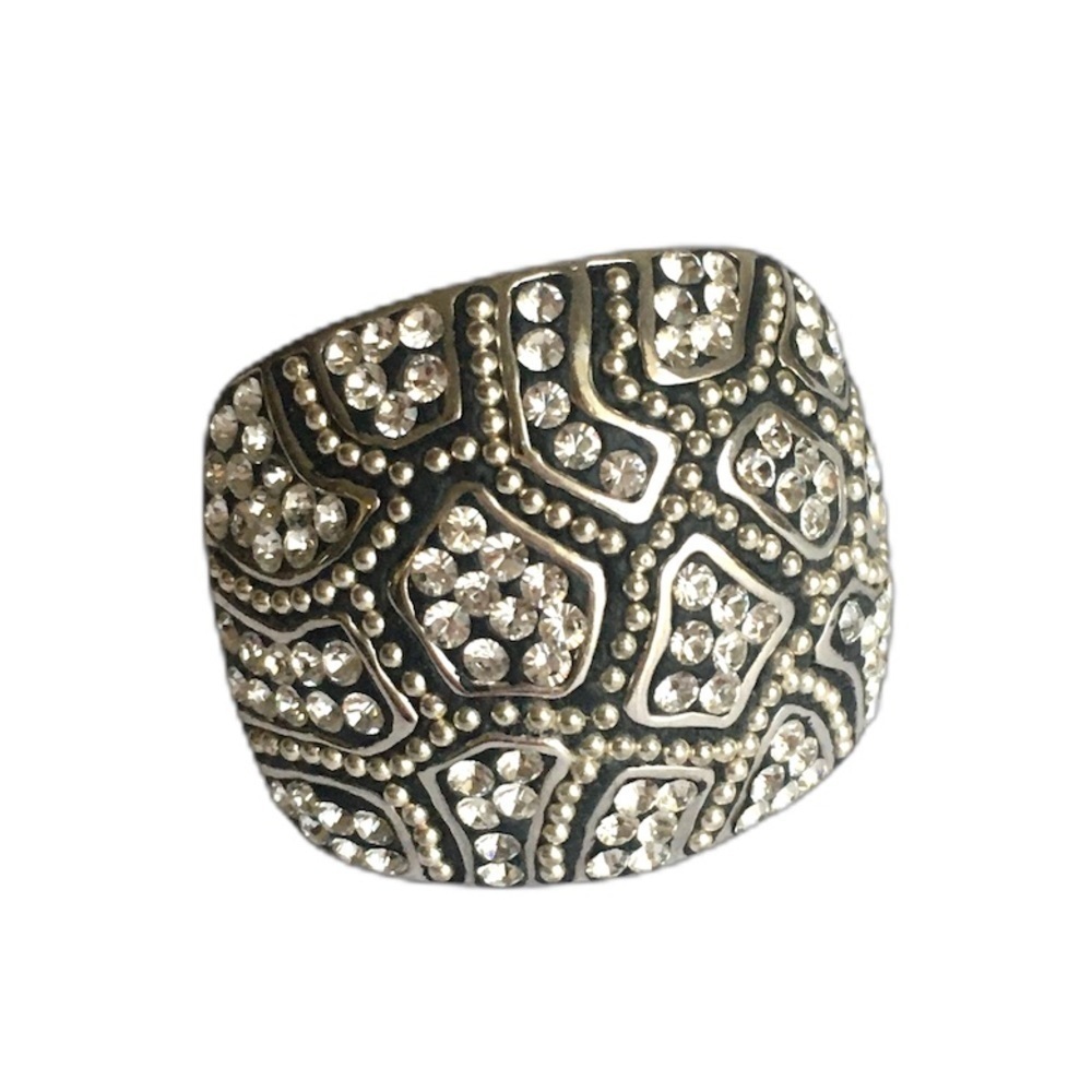 Sterling Silver Dome Ring Cocktail Statement CZ Faux Diamond‎ Wide Band Size 7.5